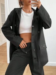 SHEIN EZwear Flap Detail Drop Shoulder Drawstring Hooded Coat