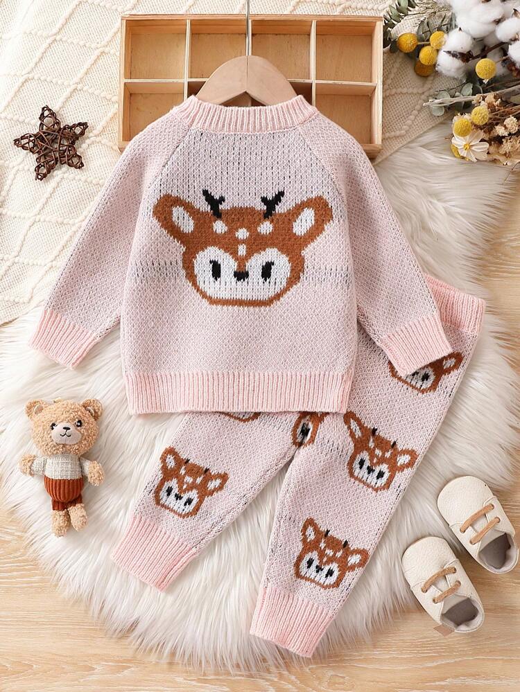 Baby Girl Cartoon Pattern Raglan Sleeve Sweater & Knit Pants