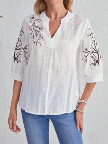 EMERY ROSE Blusa con bordado floral de cuello notch con bordado con ojal - Blanco - Ver 5