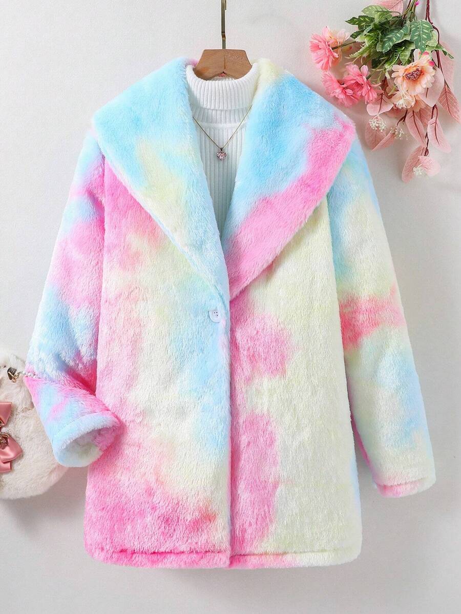 青少年女孩紮染毛茸茸外套無毛衣 - 粉色 - 查看 1