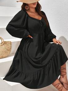 SHEIN VCAY 大碼雞心領口燈籠袖荷葉邊洋裝 - 黑色 - 查看 1
