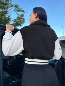SHEIN Unity Letter Patched Two Tone Drop Shoulder Crop Jacket - Black - View 2