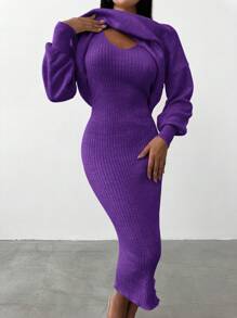 EURMUSE 小高領套頭毛衣&條紋針織洋裝 - 紫色 - 查看 4