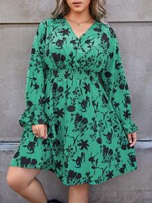 SHEIN Frenchy Plus Floral Print Flare Sleeve Overlap Collar Dress - Green - View 3