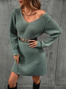 SHEIN Frenchy Chất rắn Cổ v Đầm Áo len - Màu xanh Ô liu - Xem 3