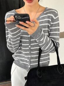 DAZY 條紋圖案前排扣開襟衫 - 灰色 - 查看 8