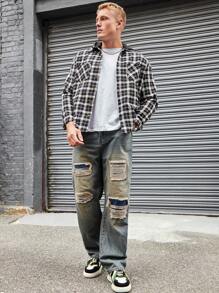 SHEIN Cottnline Men Plaid Print Pocket Patched Jacket - Black - View 6