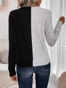 SHEIN Unity Two Tone V Neck Sweater,Long Sleeve Tops In Fall/Winter - Grey - View 2