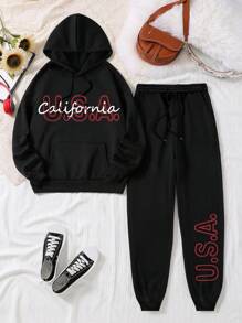 SHEIN EZwear Plus Letter Graphic Kangaroo Pocket Drawstring Hoodie & Sweatpants - Black - View 1