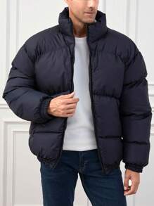 SHEIN Cottnline Men Slant Pockets Zip Up Puffer Coat - Navy Blue - View 6