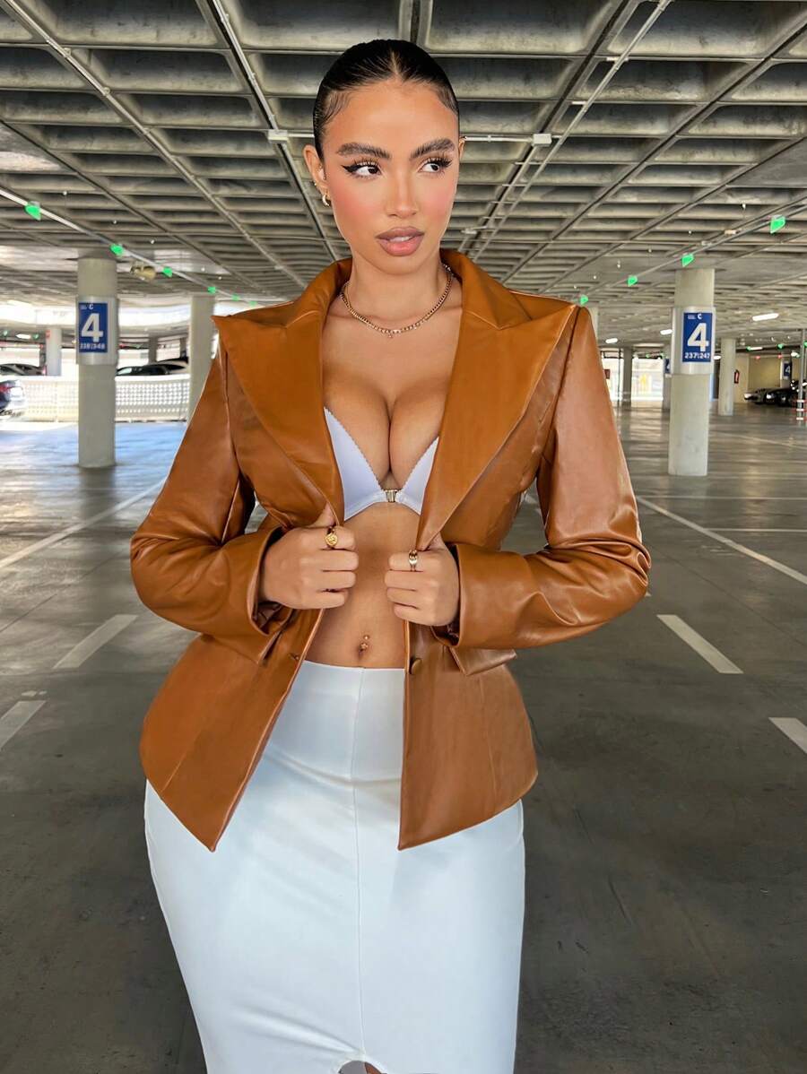 SHEIN SXY Cổ áo không bâu Chi tiết về Flap Áo vest Buổi tiệc - Màu Khaki - Xem 1