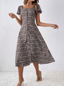 SHEIN Frenchy In hoa Ditsy Nút phía trước Đầm - màu đen - Xem 5