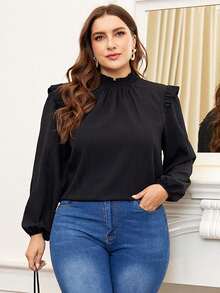 SHEIN Franclia 大碼褶邊燈籠袖襯衫 - 黑色 - 查看 4