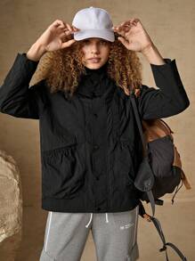 In My Nature 字母圖案腰部抽繩翻蓋口袋戶外絕緣夾克 - 黑色 - 查看 4