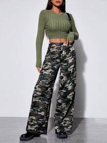 SHEIN PETITE Solid Crop Tee & Camo Print Wide Leg Pants - Army Green - View 4