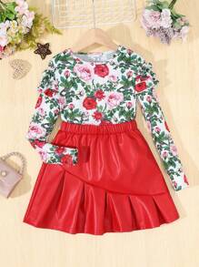 女大童印花荷葉邊上衣和PU皮革半身裙 - 紅色 - 查看 1