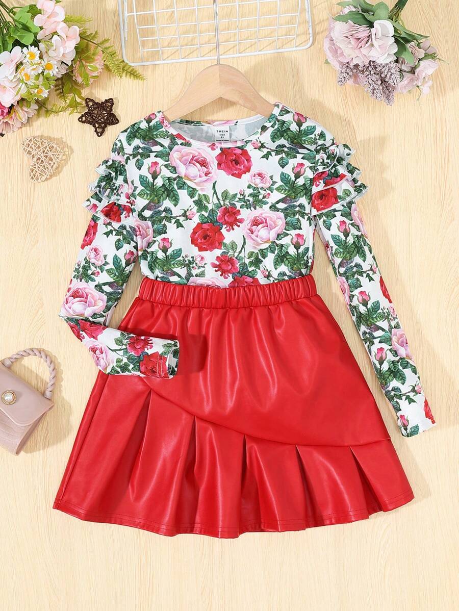 女大童印花荷葉邊上衣和PU皮革半身裙 - 紅色 - 查看 1
