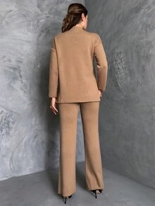 小高領紐扣細節套頭毛衣&喇叭針織長褲 - 駝色 - 查看 2