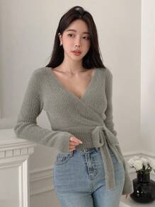 DAZY Solid Wrap Tie Side Crop Sweater - Dark Green - View 1