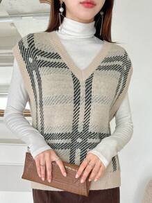 DAZY 格紋圖案毛衣背心不帶T恤 - 卡其色 - 查看 1