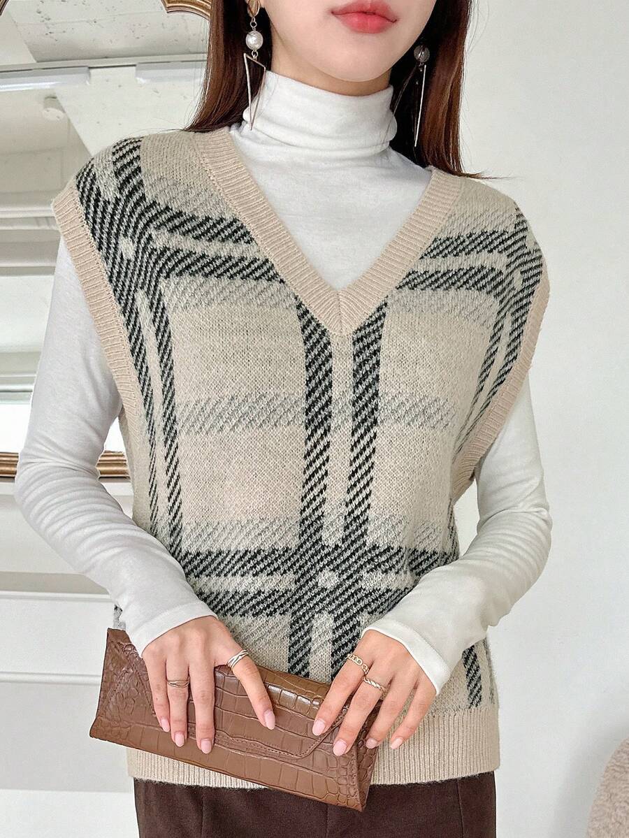 DAZY 格紋圖案毛衣背心不帶T恤 - 卡其色 - 查看 1