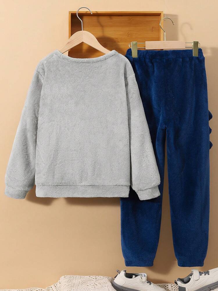 Tween Boy Cartoon Embroidery Flannel Top & Pants PJ Set