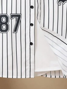 SHEIN 男大童條紋和字母圖案棒球領二合一襯衫 - 黑色 - 查看 6