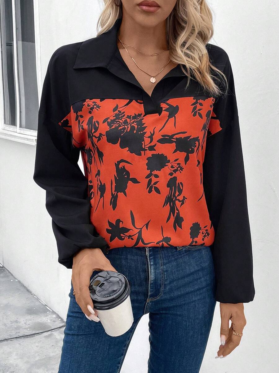 EMERY ROSE 印花燈籠袖襯衫 - 黑色 - 查看 1