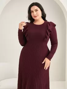 Modelyn Burgundy Red Plus Ruffle Trim Pleated Hem Sweater Dress - Burgundy - View 5