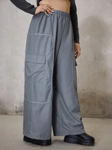 ROMWE PUNK 大碼側翻蓋口袋工裝褲 - 灰色 - 查看 1