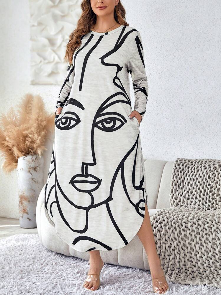 SHEIN LUNE Plus Size Abstract Black And White Portrait Printed