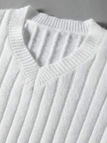 SHEIN Unity Solid V Neck Ribbed Knit Pullover Fall Winter Sweater - White - View 6