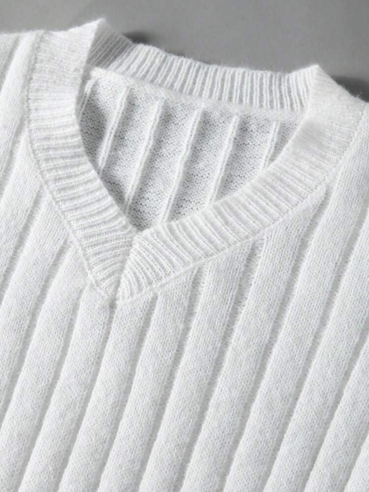 Solid V Neck Ribbed Knit Pullover Fall Winter Sweater