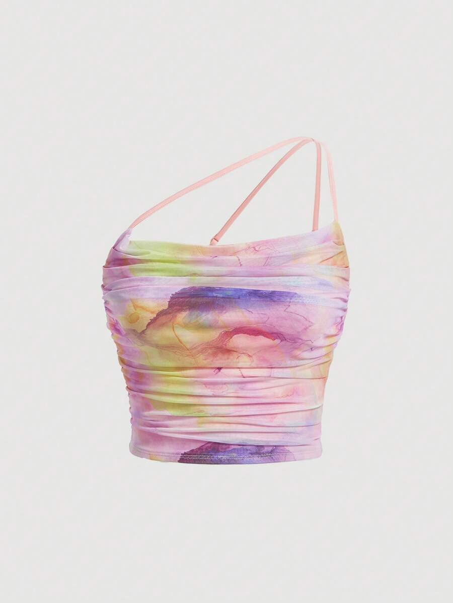 SHEIN MOD Tie Dye One Shoulder Ruched Mesh Top - Multicolor - View 1