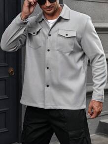 Manfinity Homme 男士大码翻蓋口袋前紐扣花呢外套 - 淺灰色 - 查看 6