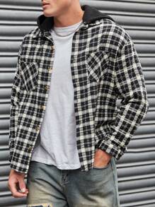 SHEIN Cottnline Men Plaid Print Pocket Patched Jacket - Black - View 3