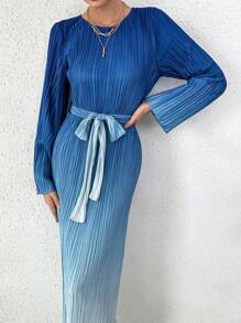 SHEIN Privé 漸層腰帶褶皺繫腰帶洋裝 - 彩色 - 查看 1