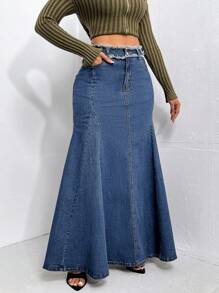 SHEIN SXY 高腰魚尾裙下擺牛仔半身裙 - 深色水洗藍 - 查看 5