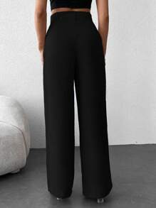 EURMUSE Solid Slant Pocket Wide Leg Suit Pants - Black - View 2