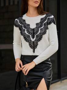 SHEIN Frenchy Jersey ribete con encaje en contraste - Blanco y Negro - Ver 1