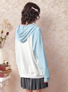 ROMWE Kawaii Star Print Raglan Sleeve Drawstring Hoodie - Baby Blue - View 4