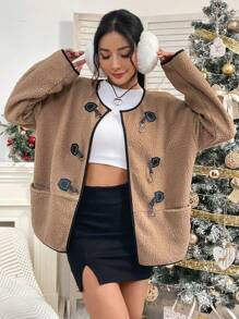 SHEIN Unity Dual Pocket Contrast Binding Drop Shoulder Duffle Teddy Coat - Khaki - View 3