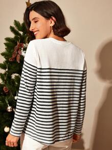 SHEIN Frenchy Striped Button Decorated Long Sleeve T-shirt - Multicolor - View 5