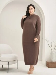 Mulvari Plus Asymmetrical Neck Button Detail Sweater Dress Without Belt Fall Cloth For Women - Coffee Brown - View 3