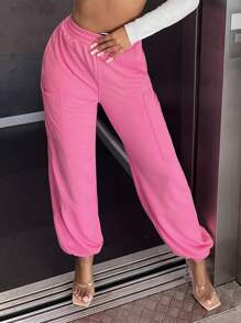 SHEIN SXY Solid Elastic Waist Sweatpants - Pink - View 3