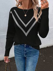 SHEIN LUNE 鋸齒圖案落肩袖套頭毛衣 - 黑色 - 查看 1