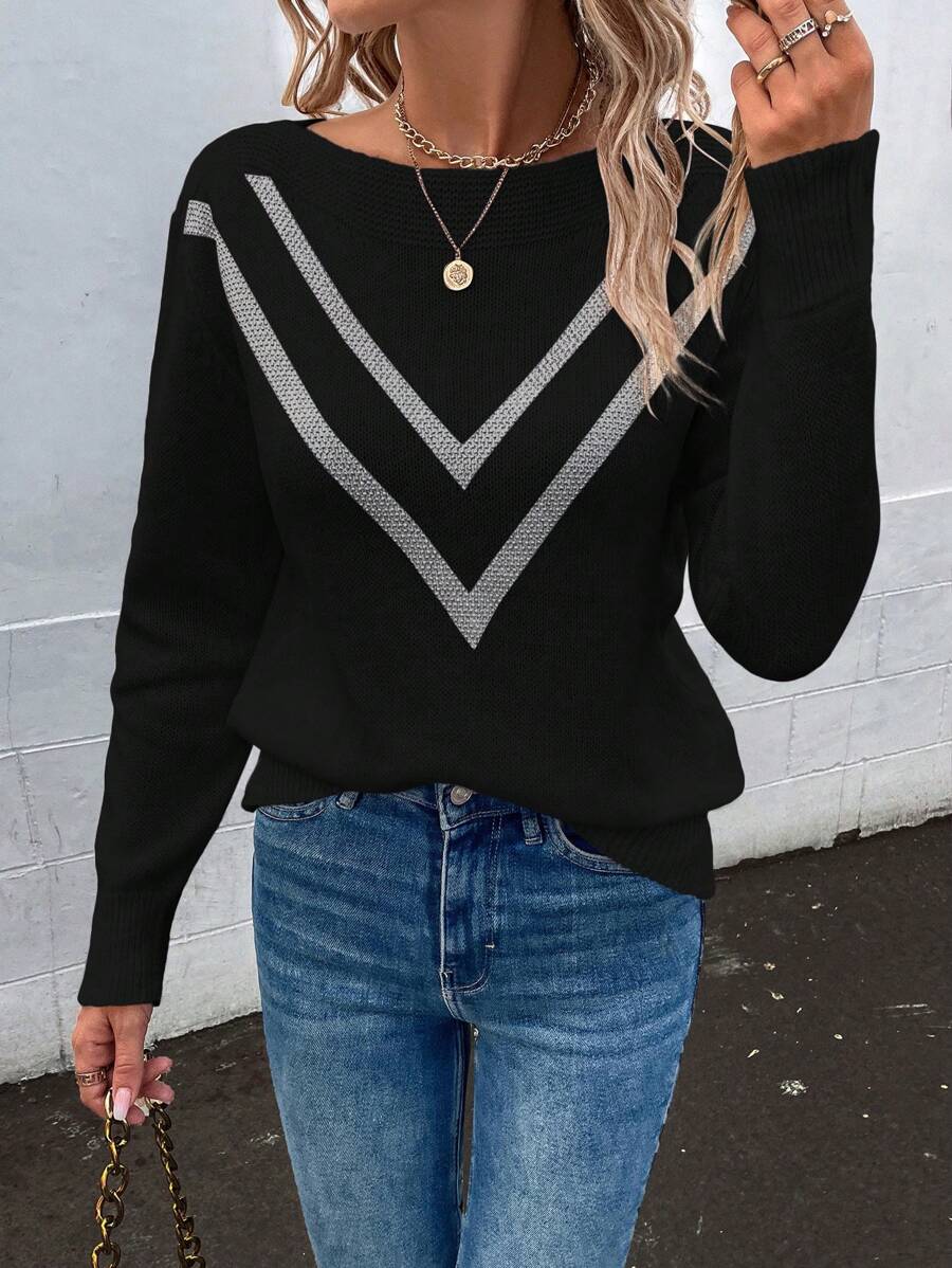 SHEIN LUNE 鋸齒圖案落肩袖套頭毛衣 - 黑色 - 查看 1