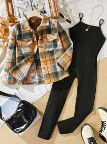 SHEIN 女大童格紋印花翻蓋口袋襯衫&吊帶連體褲 - 彩色 - 查看 1