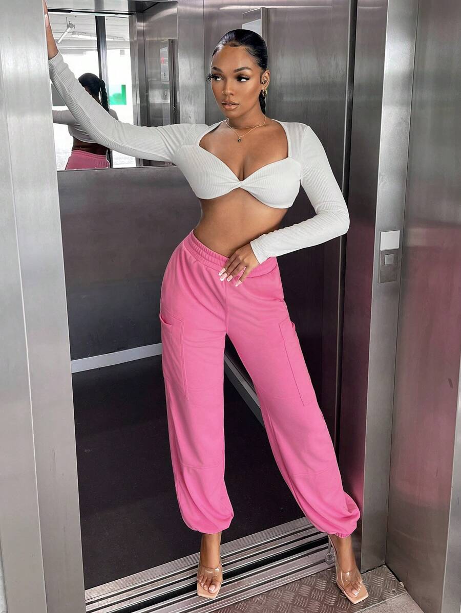 SHEIN SXY Solid Elastic Waist Sweatpants - Pink - View 1