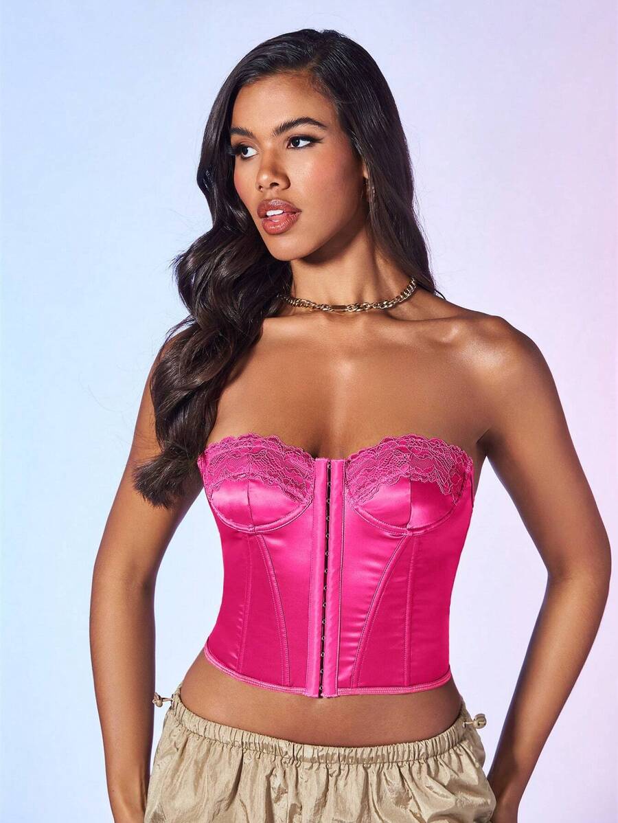 SHEIN BAE Top bandeau con tira cruzada de espalda abierta bustier - Rosa Fucsia - Ver 1